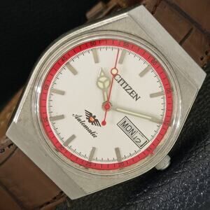 Vintage 1980 Citizen Automatic Mens Silver Watch W/daydate & Red accents